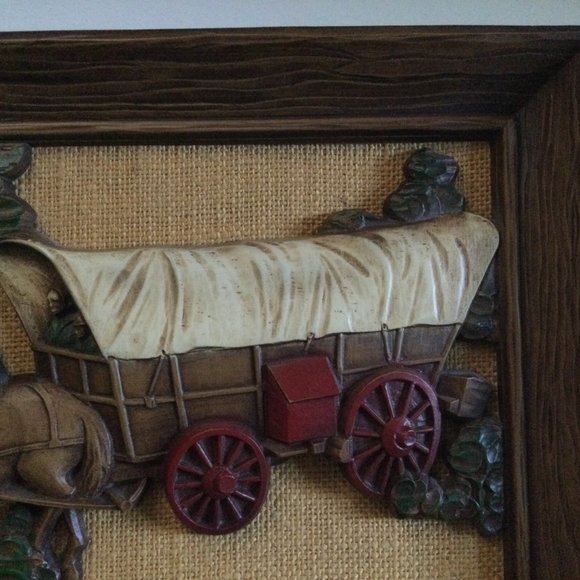 Vintage 3D Faux Wood Carved Horse Buggy Wall Hanging Retro Décor - Picture 3 of 7